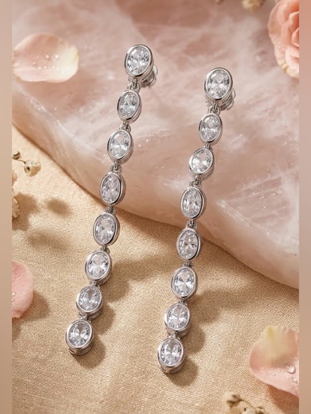 NWT Elegant CZ Silver Linear Bezel Set 2 Inch Teardrop “Tennis” Style Earrings - Picture 2 of 6